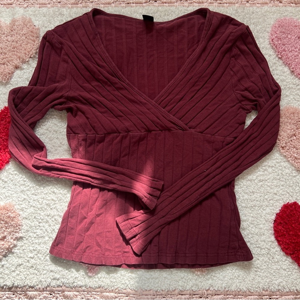 SHEIN Ribbed V-Neck Long Sleeve Top - Deep Red - Picture 3 of 5